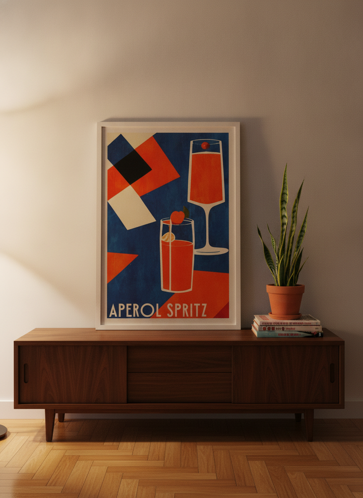 Modern wall art print standing on a sideboard in a mid-century living room