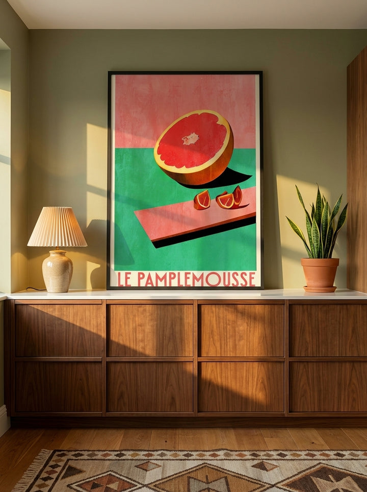 Modern wall art print styled on the wall in a mid-century kitchen