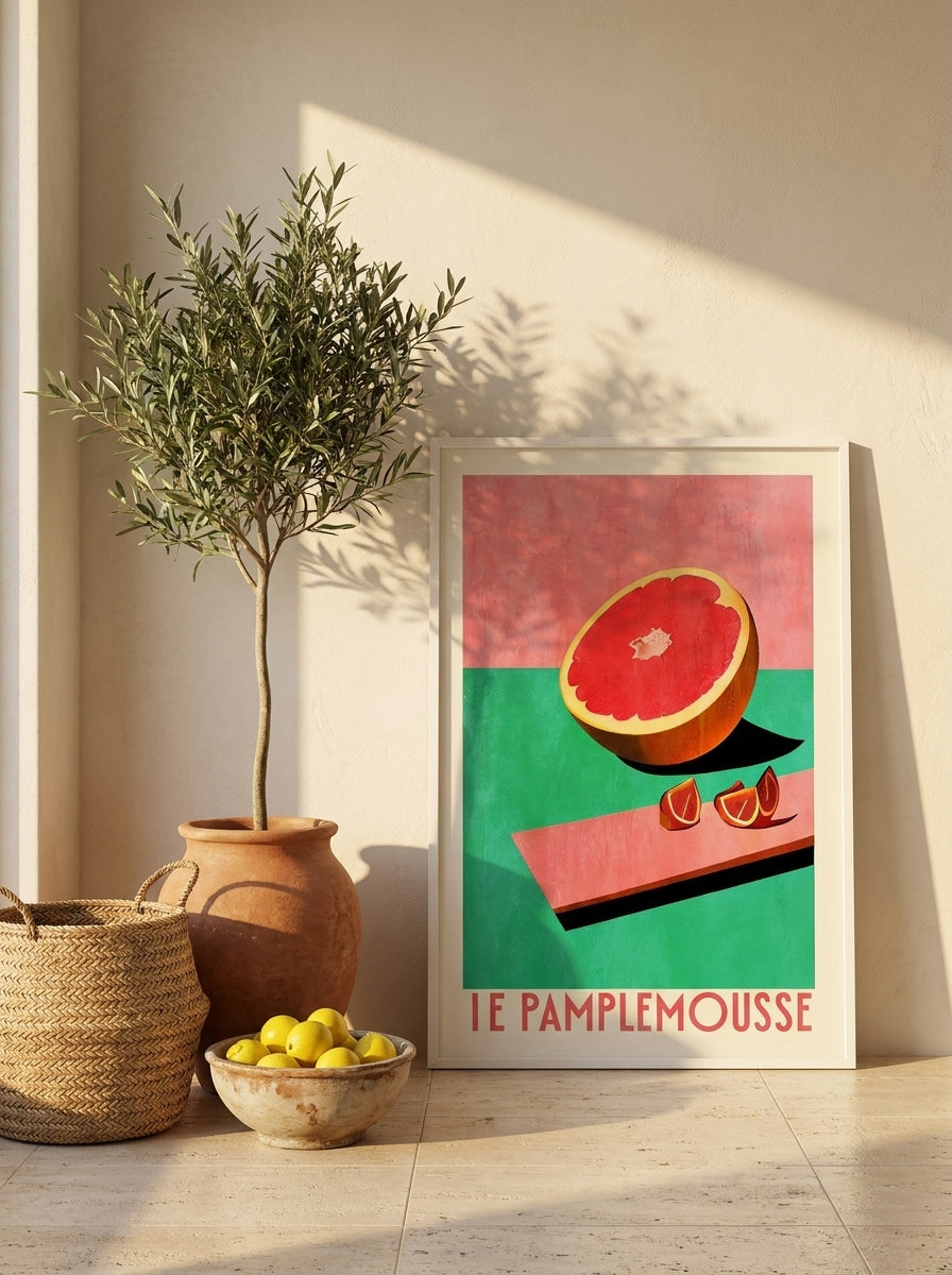 Modern wall art print leaning against the wall in a Mediterranean living room