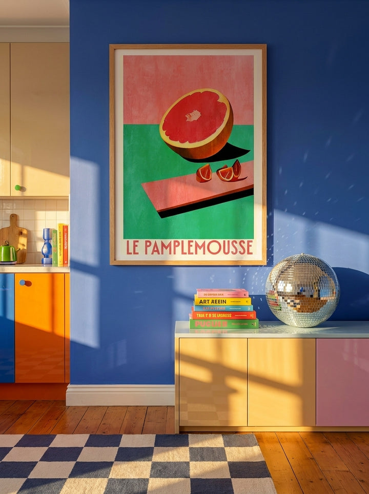 Modern wall art print styled on the wall in a colourful eclectic kitchen