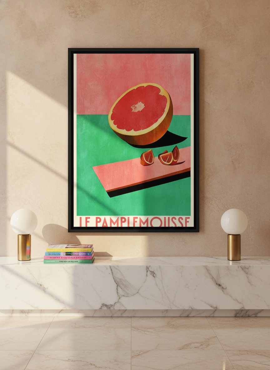 Canvas wall art with a black surround styled on the wall in a luxe kitchen