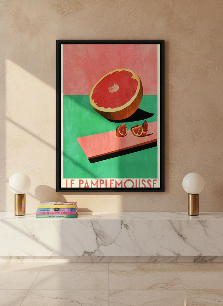 Canvas wall art with a black surround styled on the wall in a luxe kitchen
