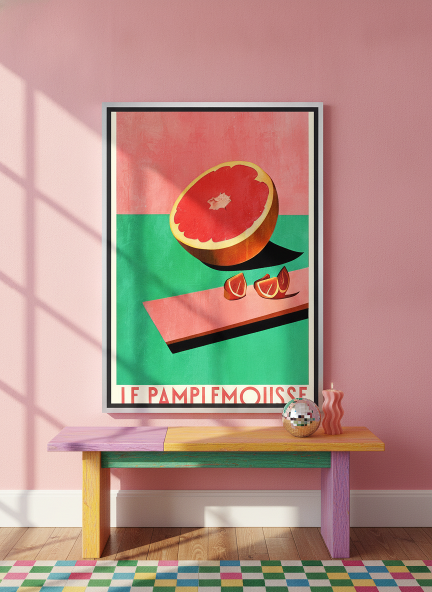 Canvas wall art with a silver leaf surround standing on a side table in a colourful eclectic living room