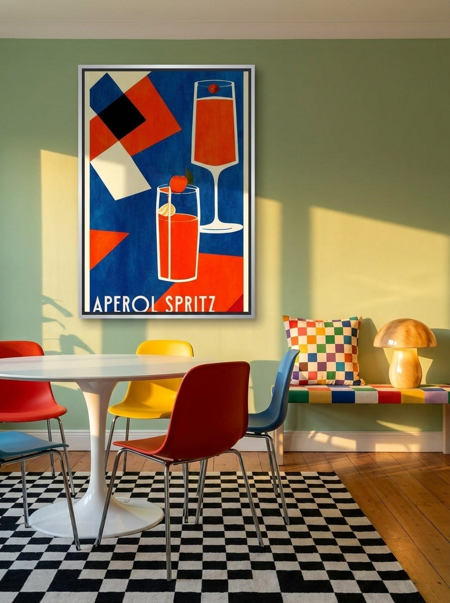 Canvas wall art with a silver leaf surround styled on the wall in a colourful eclectic dining room