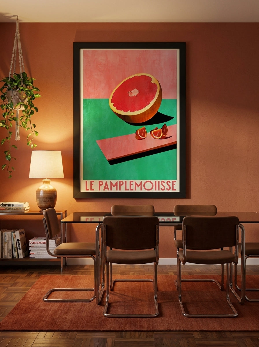 Oversized statement modern wall art print styled on the wall in a retro 70s dining room