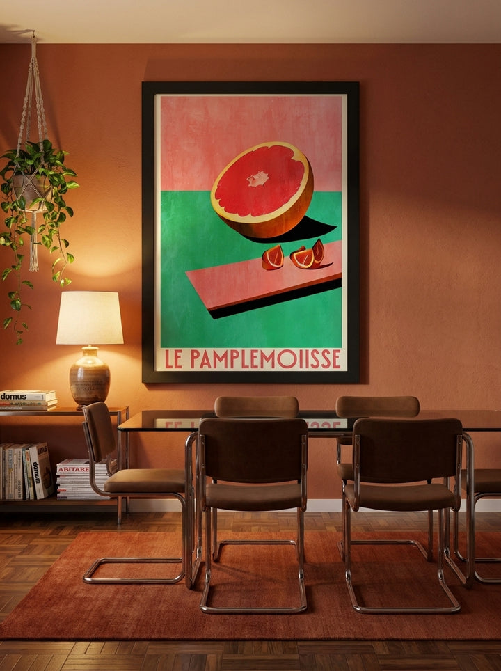 Oversized statement modern wall art print styled on the wall in a retro 70s dining room