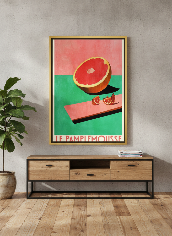 Canvas wall art with a gold leaf surround standing on a console in an industrial loft living room