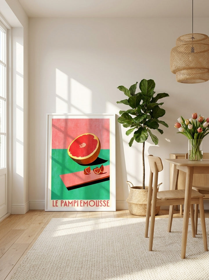 Modern wall art print leaning against the wall in a bright Scandinavian dining room