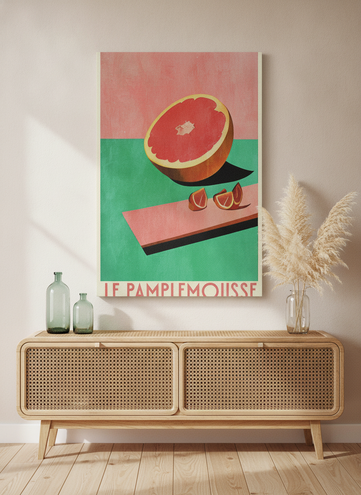 Stretched canvas wall art standing on a sideboard in a coastal living room