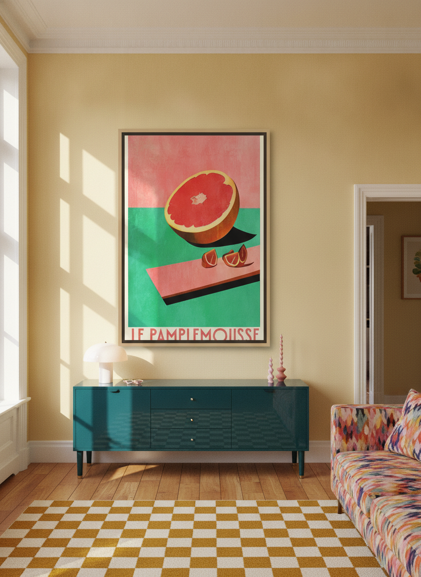 Oversized statement canvas wall art with a natural timber surround styled on the wall in a colourful eclectic living room