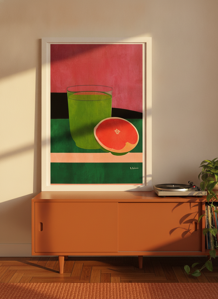 Modern wall art print standing on a sideboard in a retro 70s living room