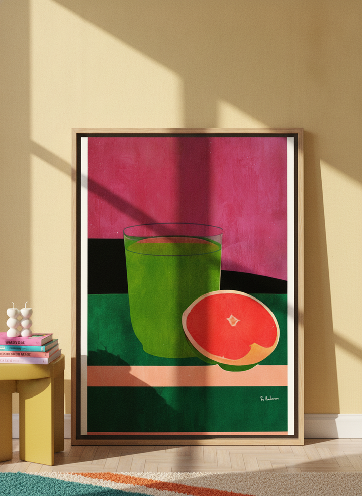 Oversized statement canvas wall art with a natural timber surround leaning against the wall in a colourful eclectic living room