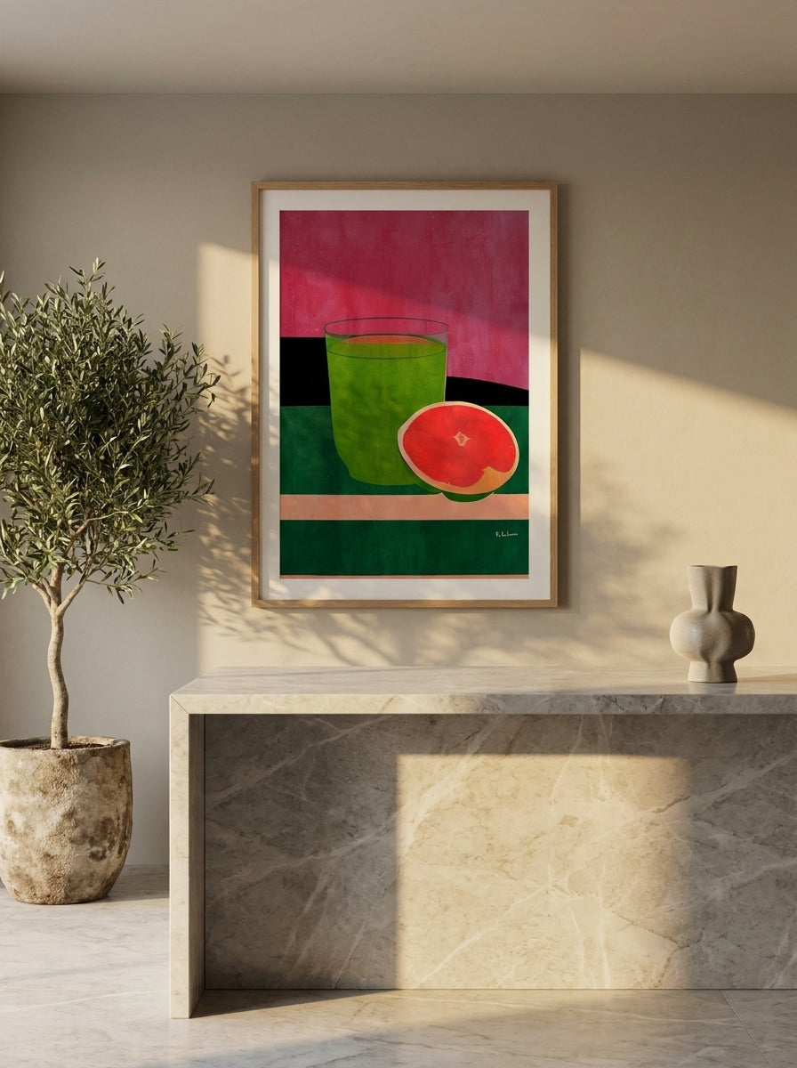 Modern wall art print styled on the wall in a luxe kitchen