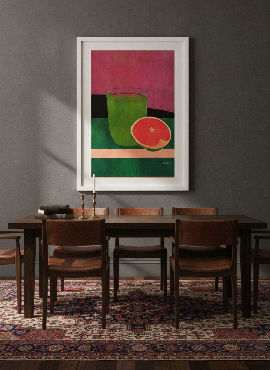 Modern wall art print styled on the wall in a moody dining room