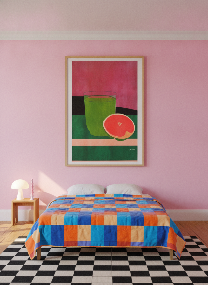 Oversized statement modern wall art print styled on the wall in a colourful eclectic bedroom