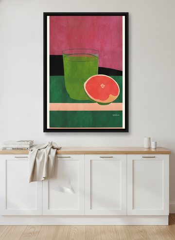 Canvas wall art with a black surround styled on the wall in a coastal kitchen