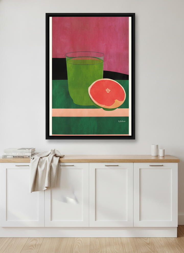 Canvas wall art with a black surround styled on the wall in a coastal kitchen