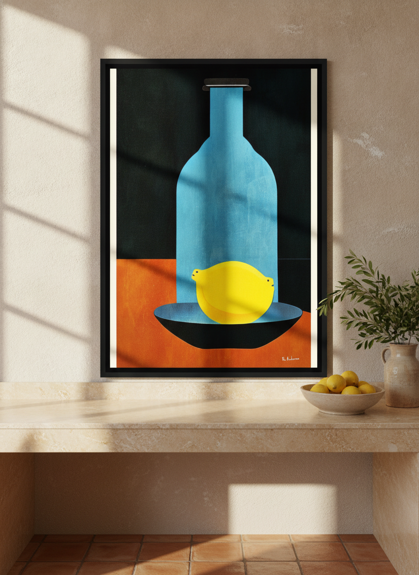 Canvas wall art with a black surround standing on a kitchen bench in a Mediterranean kitchen