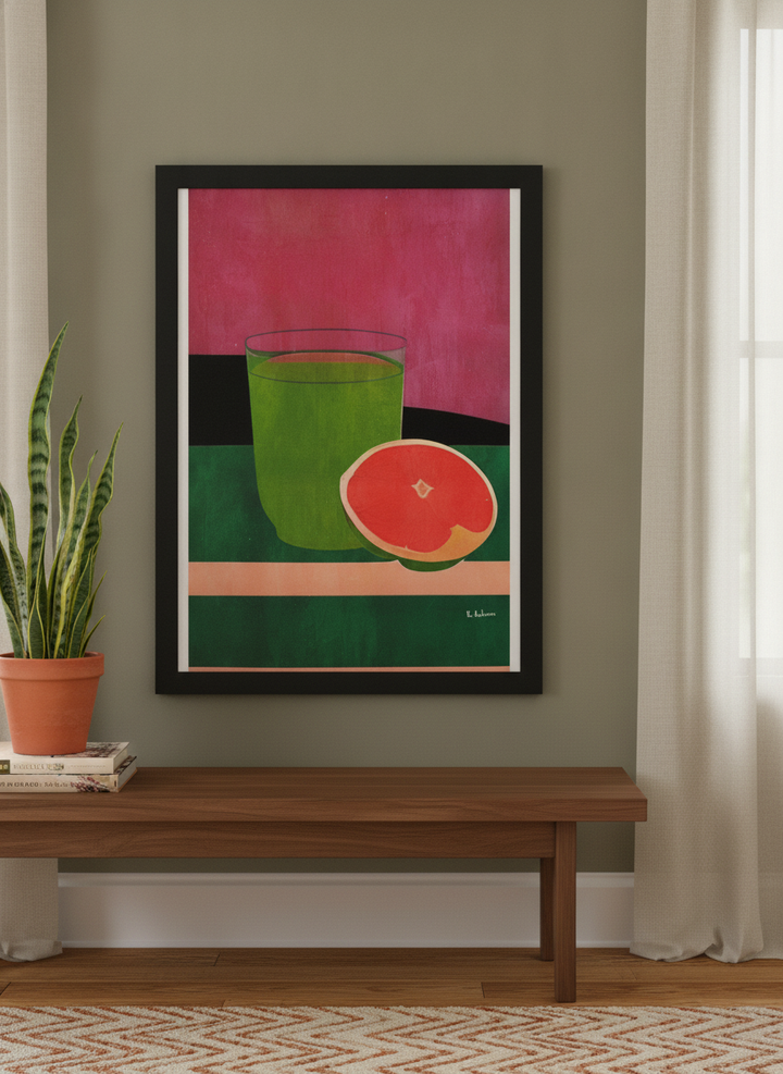 Modern wall art print standing on a kitchen bench in a mid-century kitchen