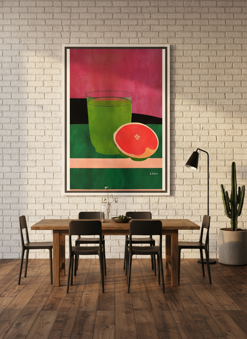 Oversized statement canvas wall art with a white surround styled on the wall in an industrial loft dining room