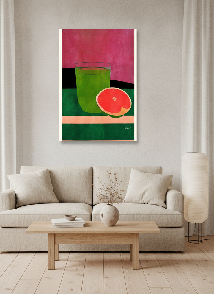 Stretched canvas wall art styled on the wall in a warm Japandi living room