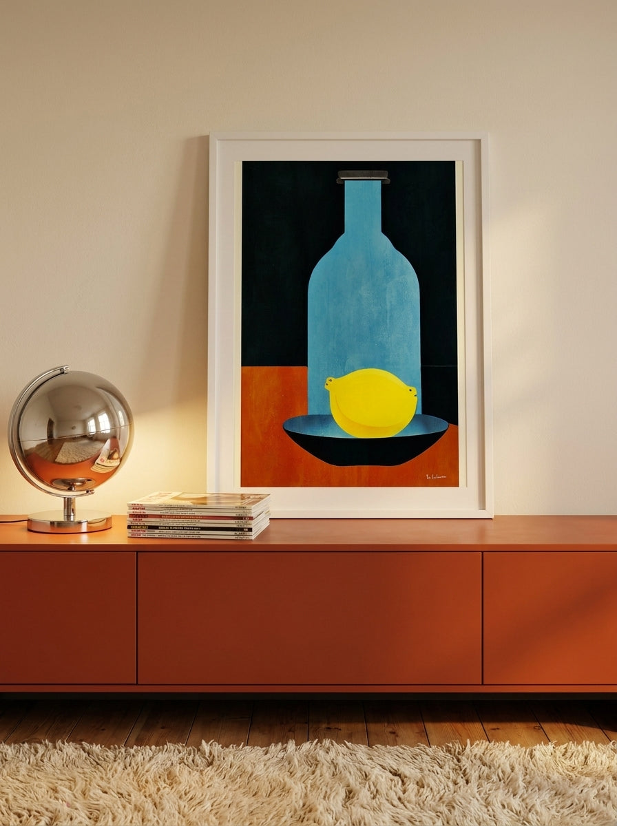 Modern wall art print standing on a sideboard in a retro 70s living room