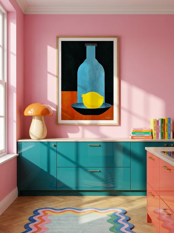 Blue Bottle Yellow Lemon By Bo Anderson | Art & Canvas Print
