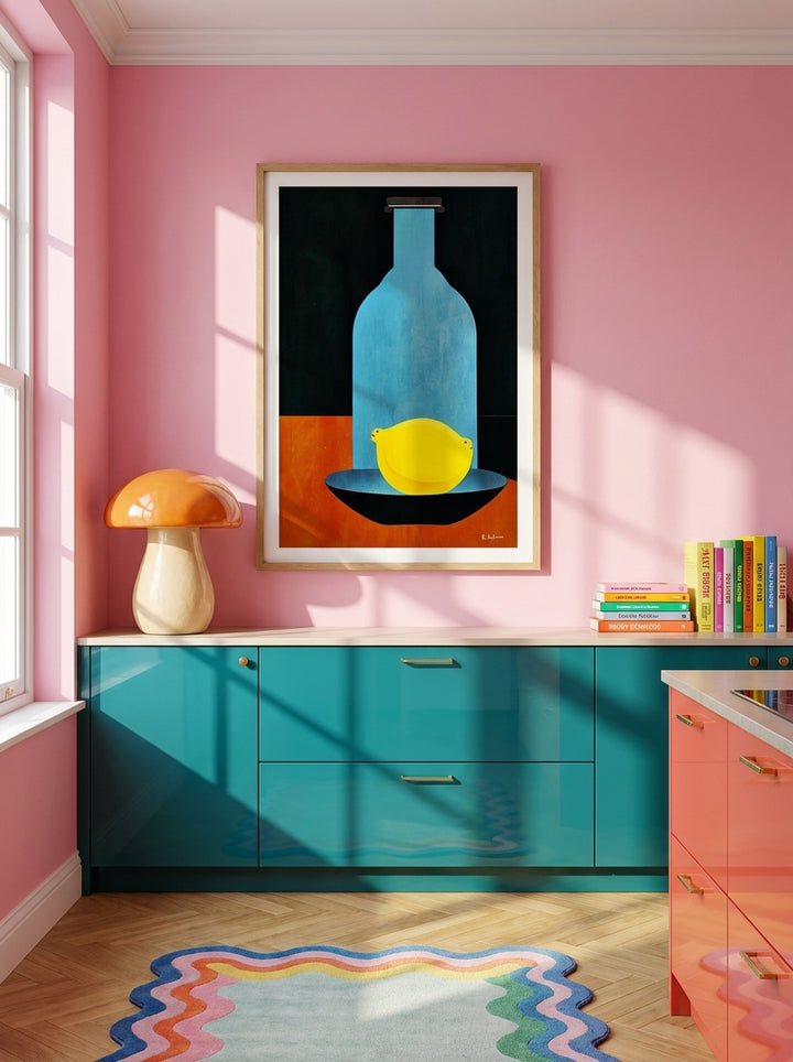 Modern wall art print styled on the wall in a colourful eclectic kitchen