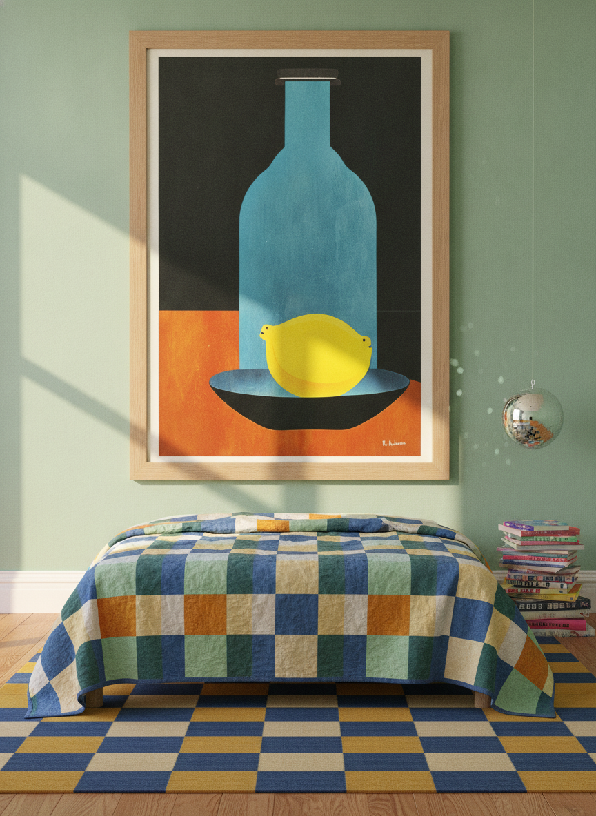 Oversized statement modern wall art print styled on the wall in a colourful eclectic bedroom