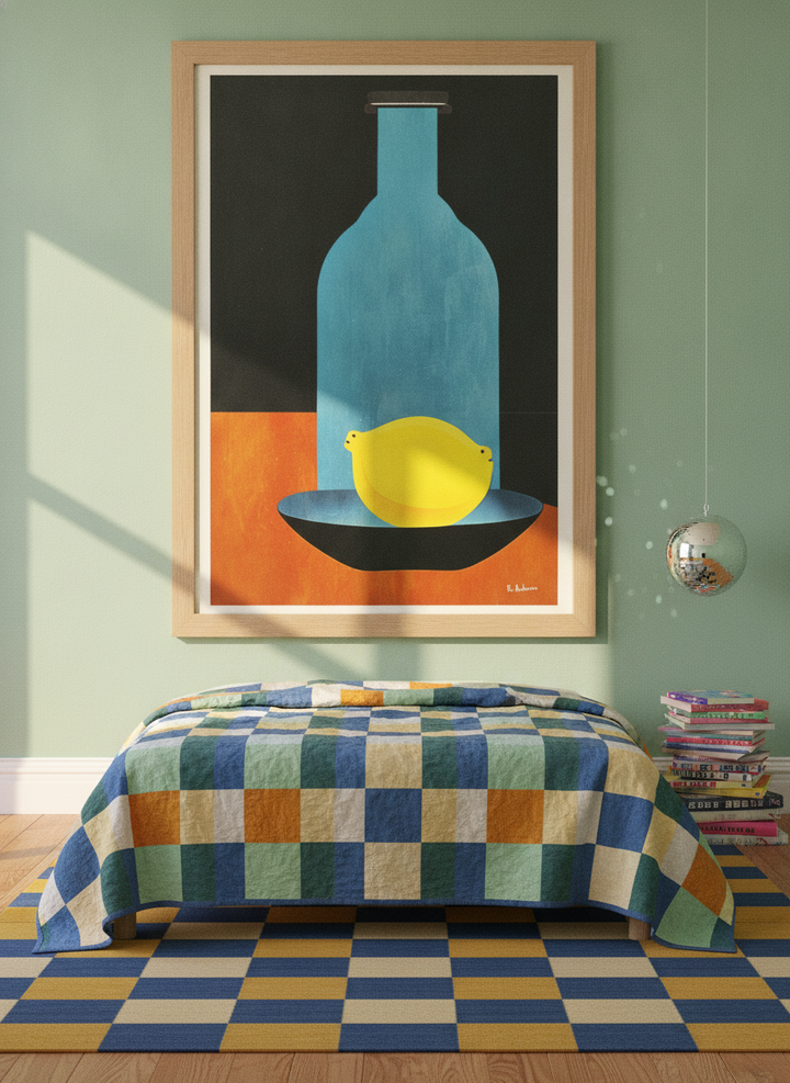 Oversized statement modern wall art print styled on the wall in a colourful eclectic bedroom