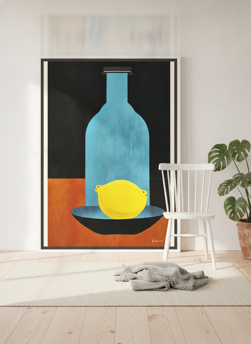 Oversized statement canvas wall art with a white surround leaning against the wall in a bright Scandinavian dining room