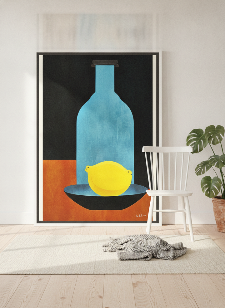 Oversized statement canvas wall art with a white surround leaning against the wall in a bright Scandinavian dining room