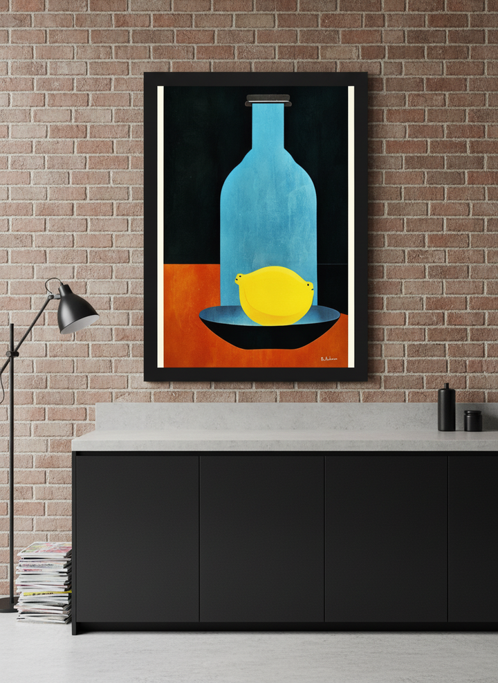 Modern wall art print styled on the wall in an industrial loft kitchen