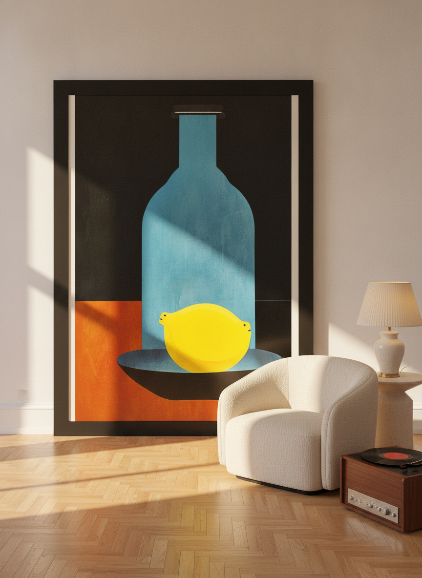 Oversized statement modern wall art print leaning against the wall in a mid-century dining room