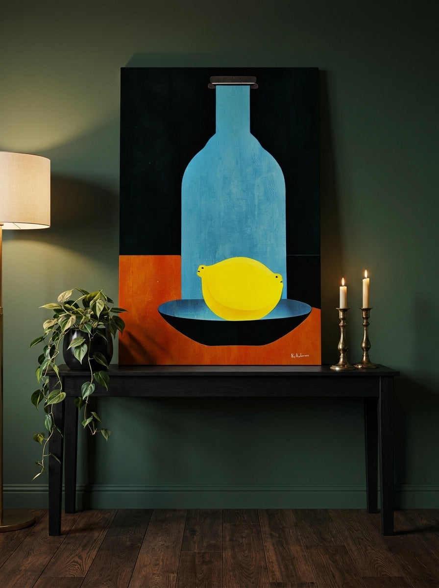 Stretched canvas wall art standing on a console in a moody living room