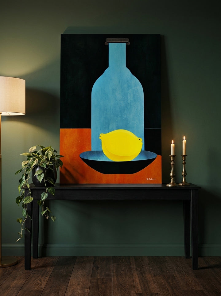 Stretched canvas wall art standing on a console in a moody living room