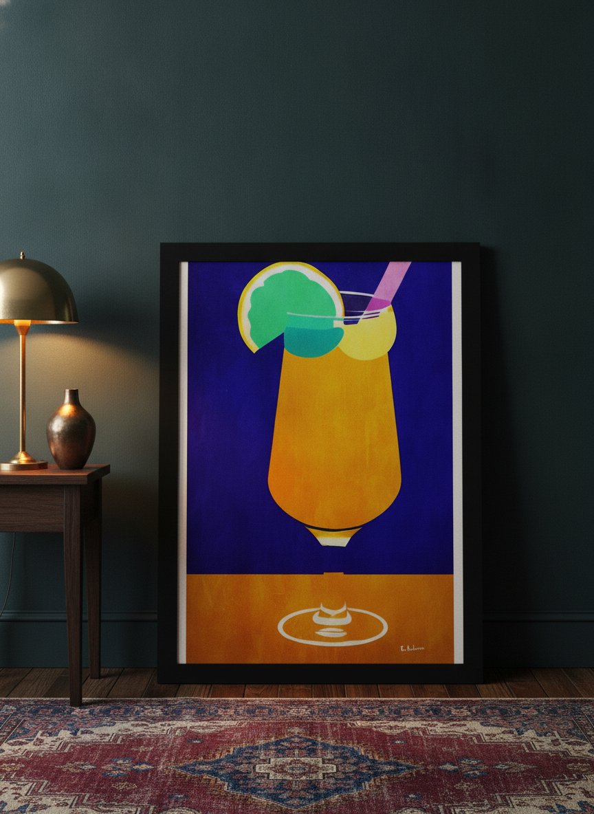 Modern wall art print leaning against the wall in a moody kitchen