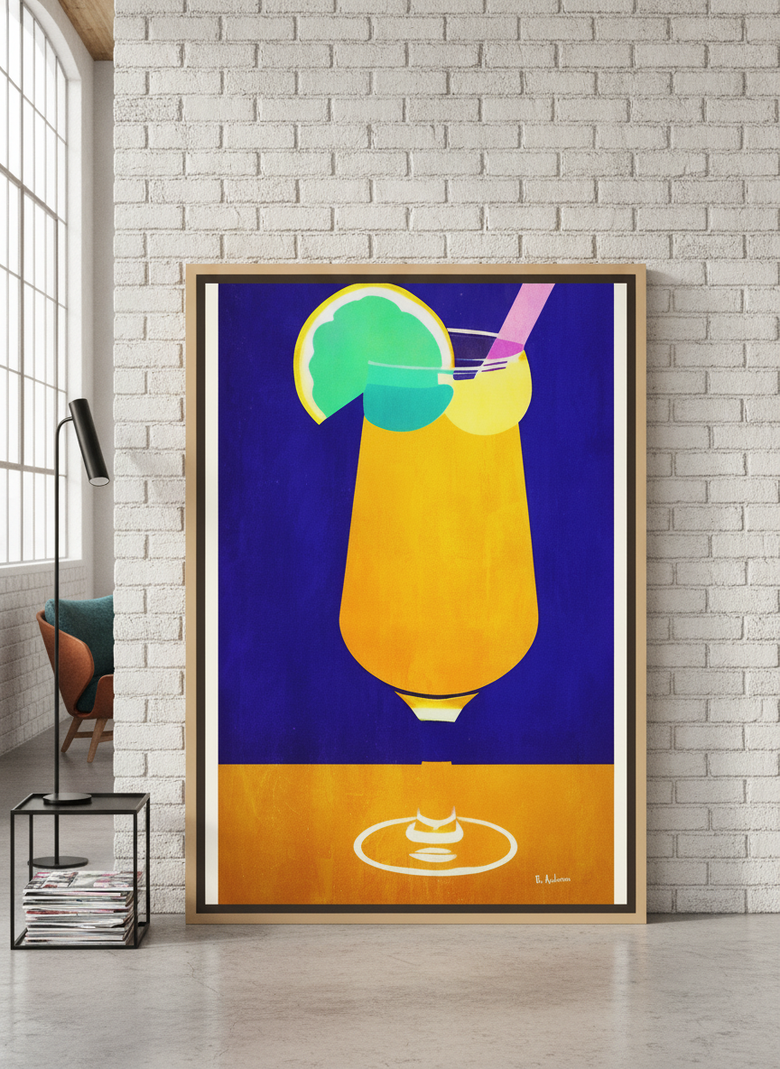 Oversized statement canvas wall art with a natural timber surround leaning against the wall in an industrial loft living room