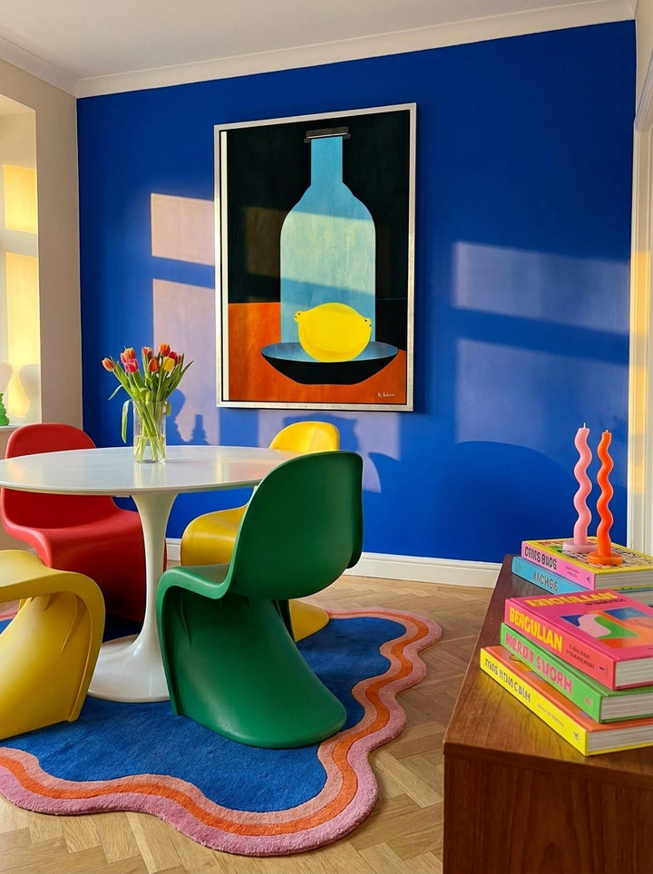 Canvas wall art with a silver leaf surround styled on the wall in a colourful eclectic dining room