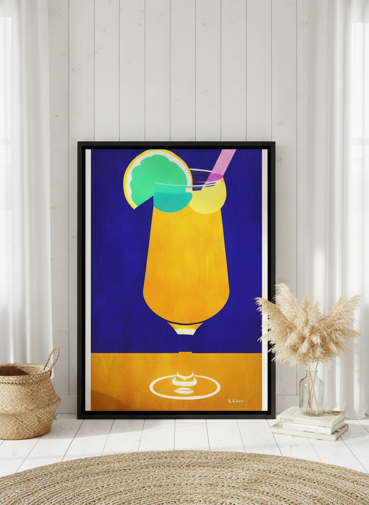 Canvas wall art with a black surround leaning against the wall in a coastal kitchen