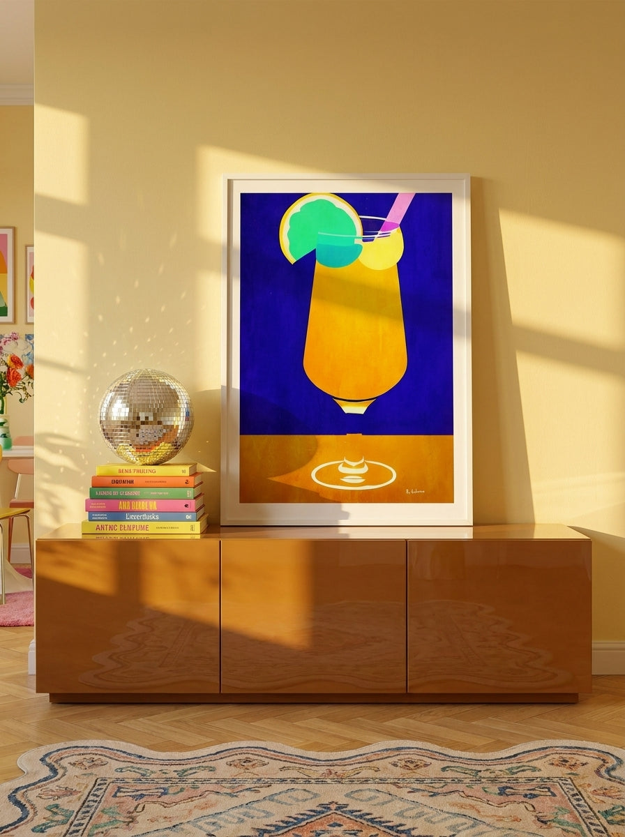 Modern wall art print standing on a sideboard in a colourful eclectic dining room