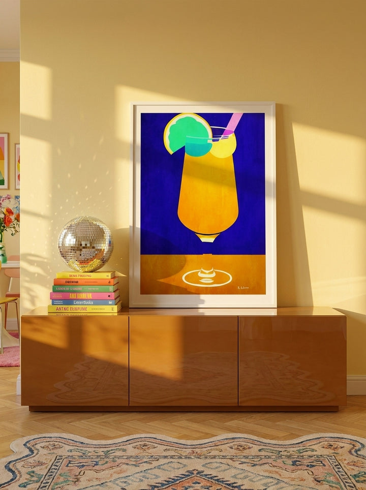 Modern wall art print standing on a sideboard in a colourful eclectic dining room