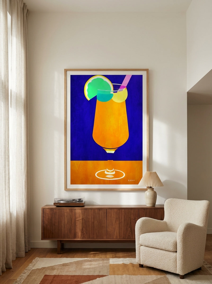 Oversized statement modern wall art print styled on the wall in a mid-century living room