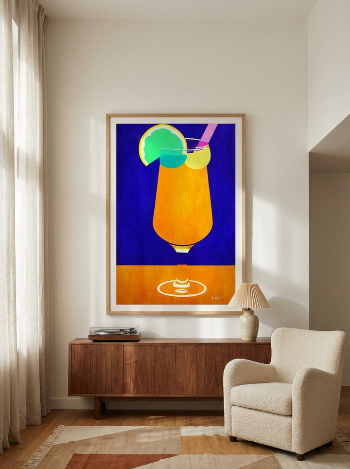 Oversized statement modern wall art print styled on the wall in a mid-century living room