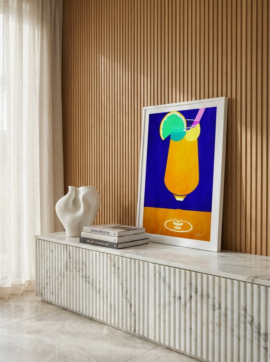 Modern wall art print standing on a sideboard in a luxe dining room