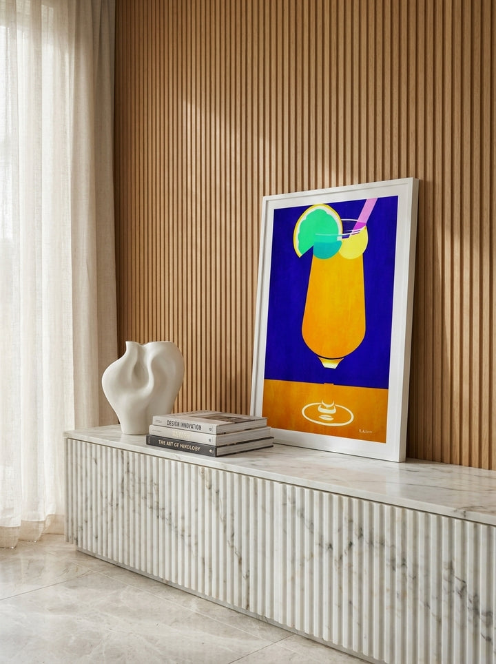 Modern wall art print standing on a sideboard in a luxe dining room