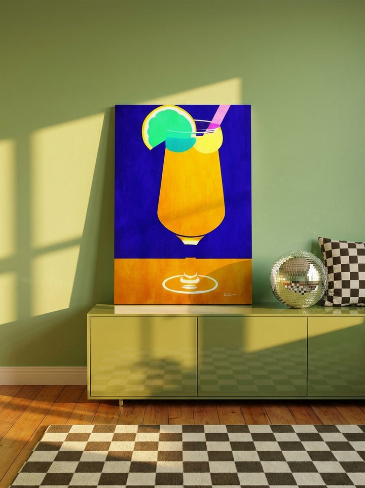 Stretched canvas wall art standing on a sideboard in a colourful eclectic living room