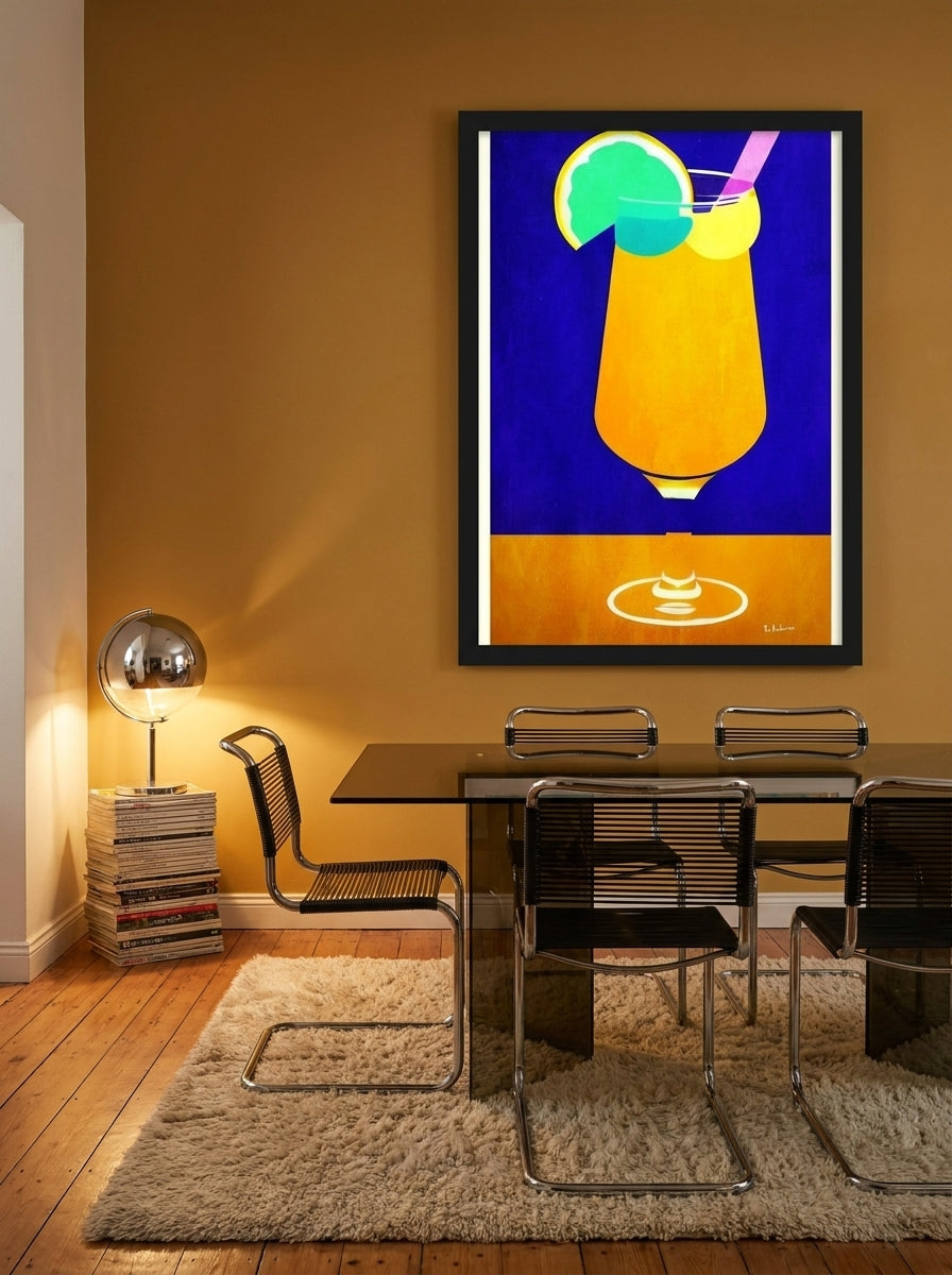 Oversized statement modern wall art print styled on the wall in a retro 70s dining room