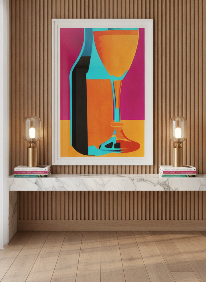 Modern wall art print standing on a kitchen bench in a luxe kitchen