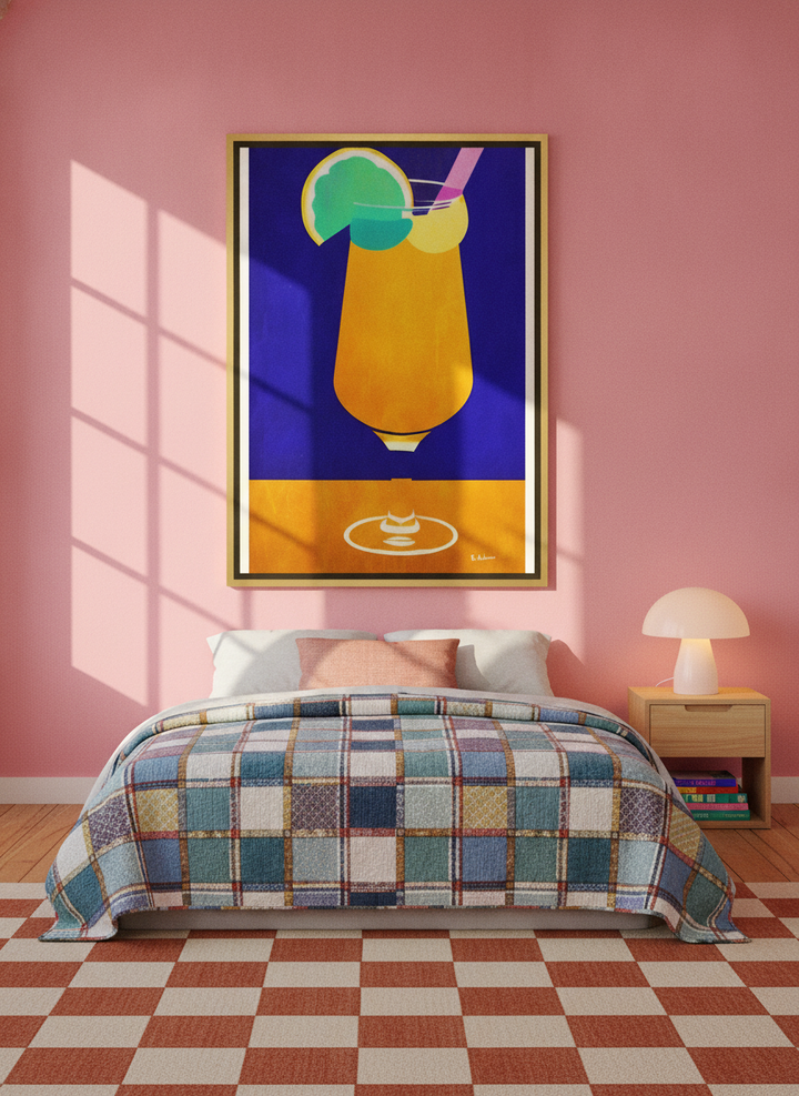 Canvas wall art with a gold leaf surround styled on the wall in a colourful eclectic bedroom